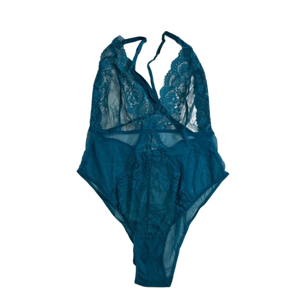 Adore Me Lace Mesh Halter Bodysuit Teal Plus Size 3X Sheer Teddy Lingerie NWT